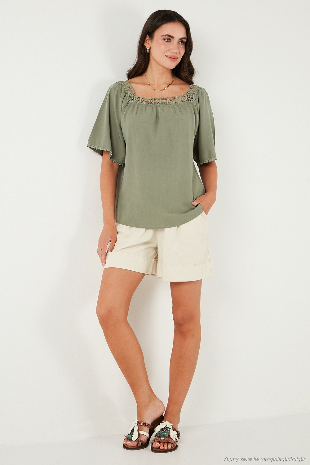 Güpürlü Regular Fit Kare Yaka Kadın Bluz 5869003 Olive