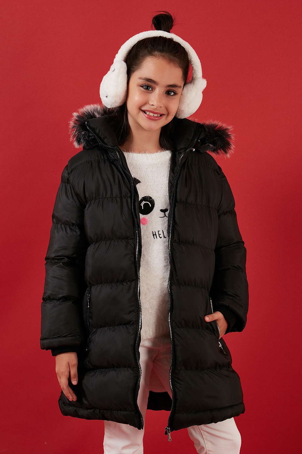 İçi Peluş Astarlı Çıkarılabilir Kapüşonlu Suya Dayanıklı Kız Çocuk Mont 5761910 SİYAH