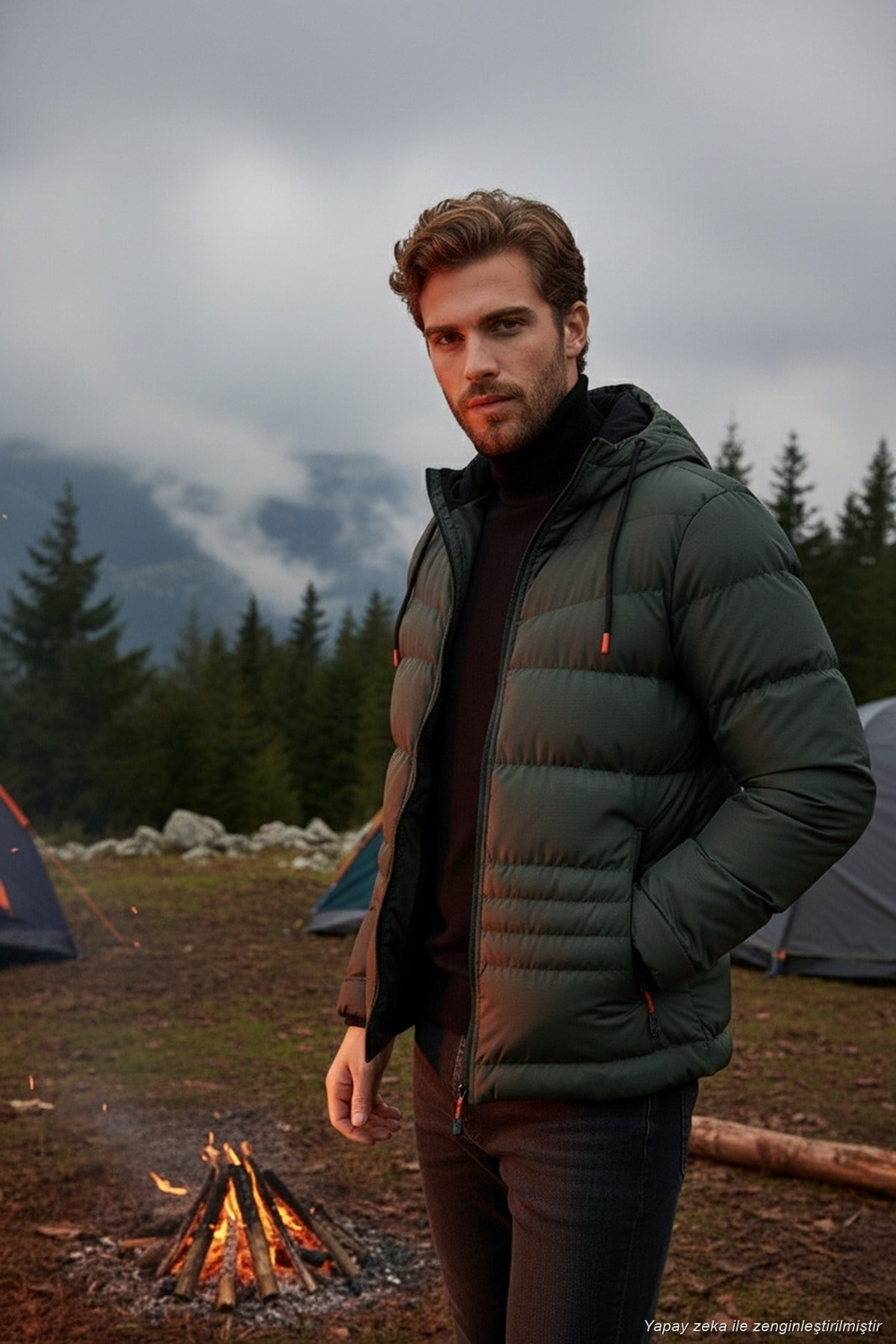 Kapüşonlu Cepli Slim Fit Şişme Erkek Mont 6490001 HAKİ