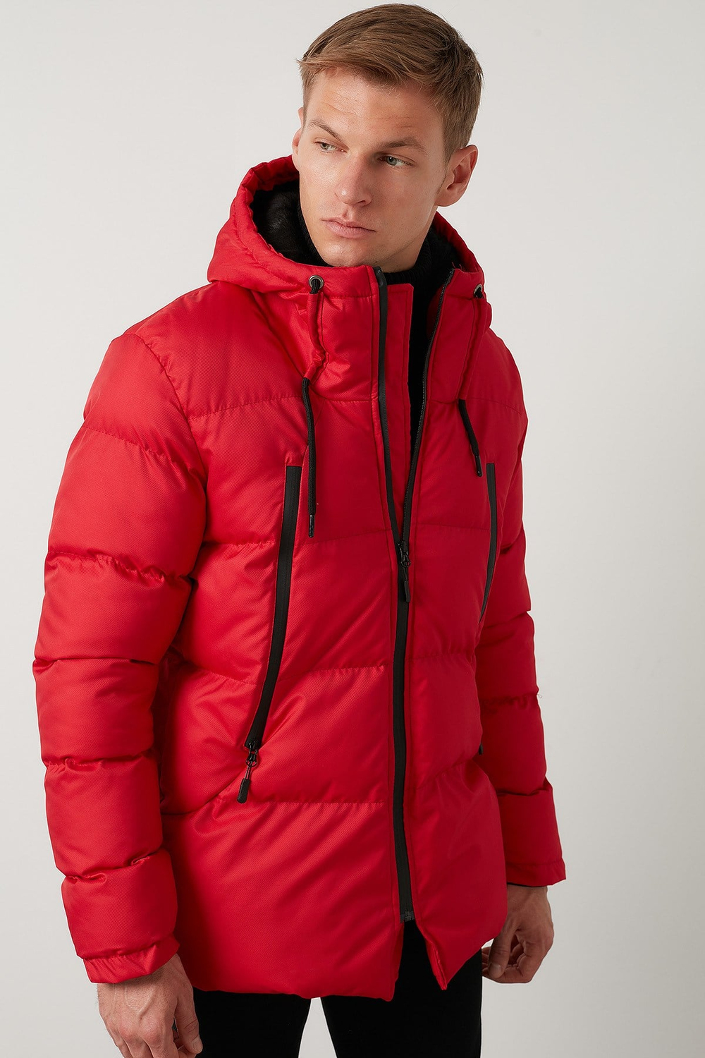 Kapüşonlu Suya ve Rüzgara Dayanıklı Soğuk Geçirmez Slim Fit Erkek Mont 5717101 KIRMIZI