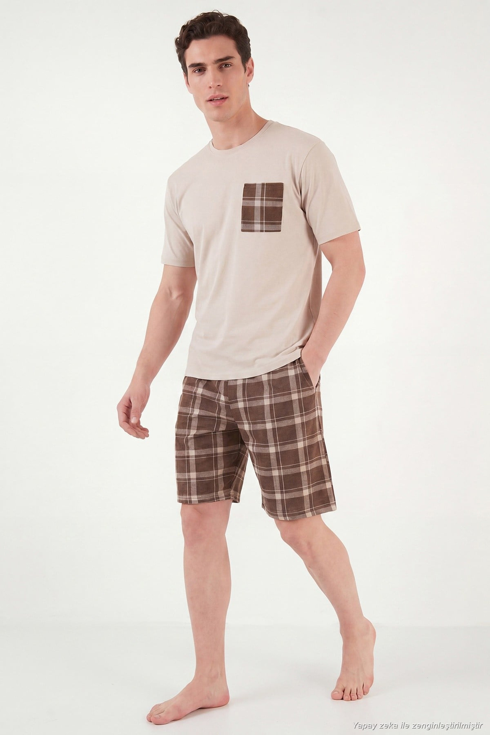 Kareli Pamuklu Regular Fit Şortlu Erkek Pijama Takımı 6572021 BEJ