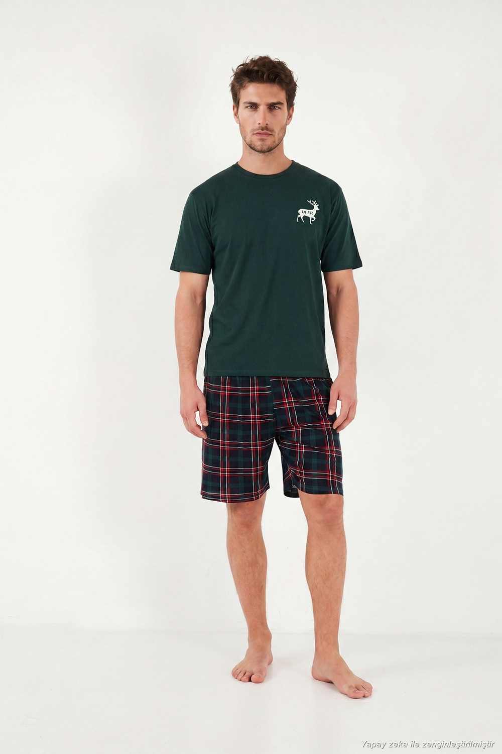 Kareli Pamuklu Regular Fit Şortlu Erkek Pijama Takımı 6572022 YEŞİL