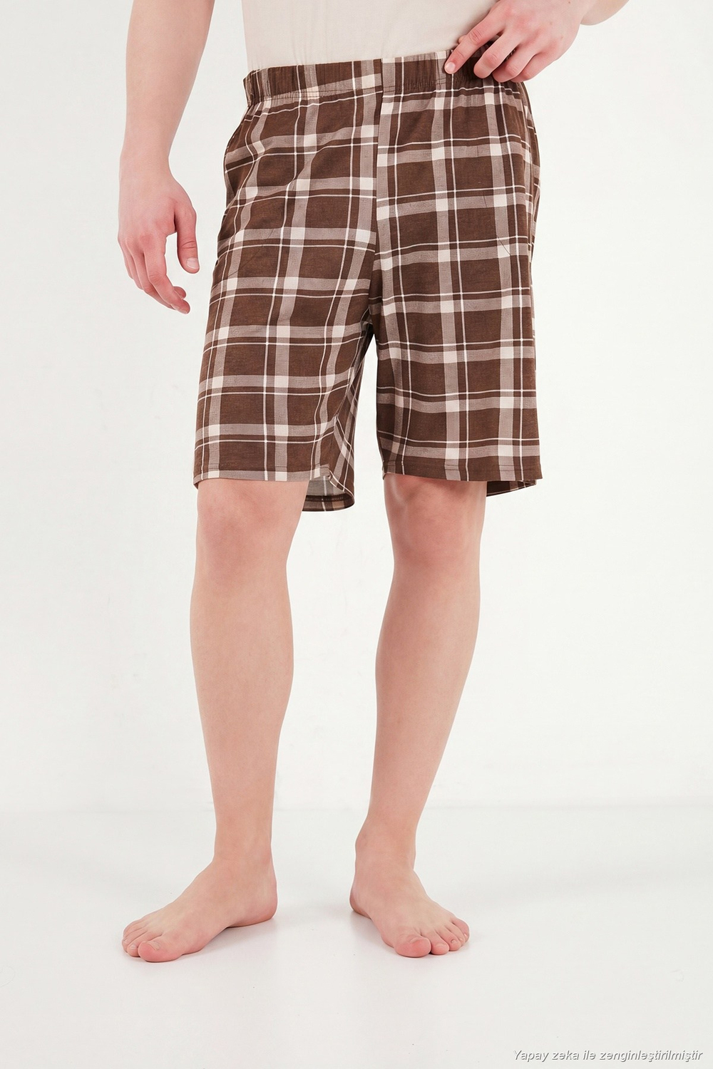 Kareli Pamuklu Regular Fit Şortlu Erkek Pijama Takımı 6572022 BEJ