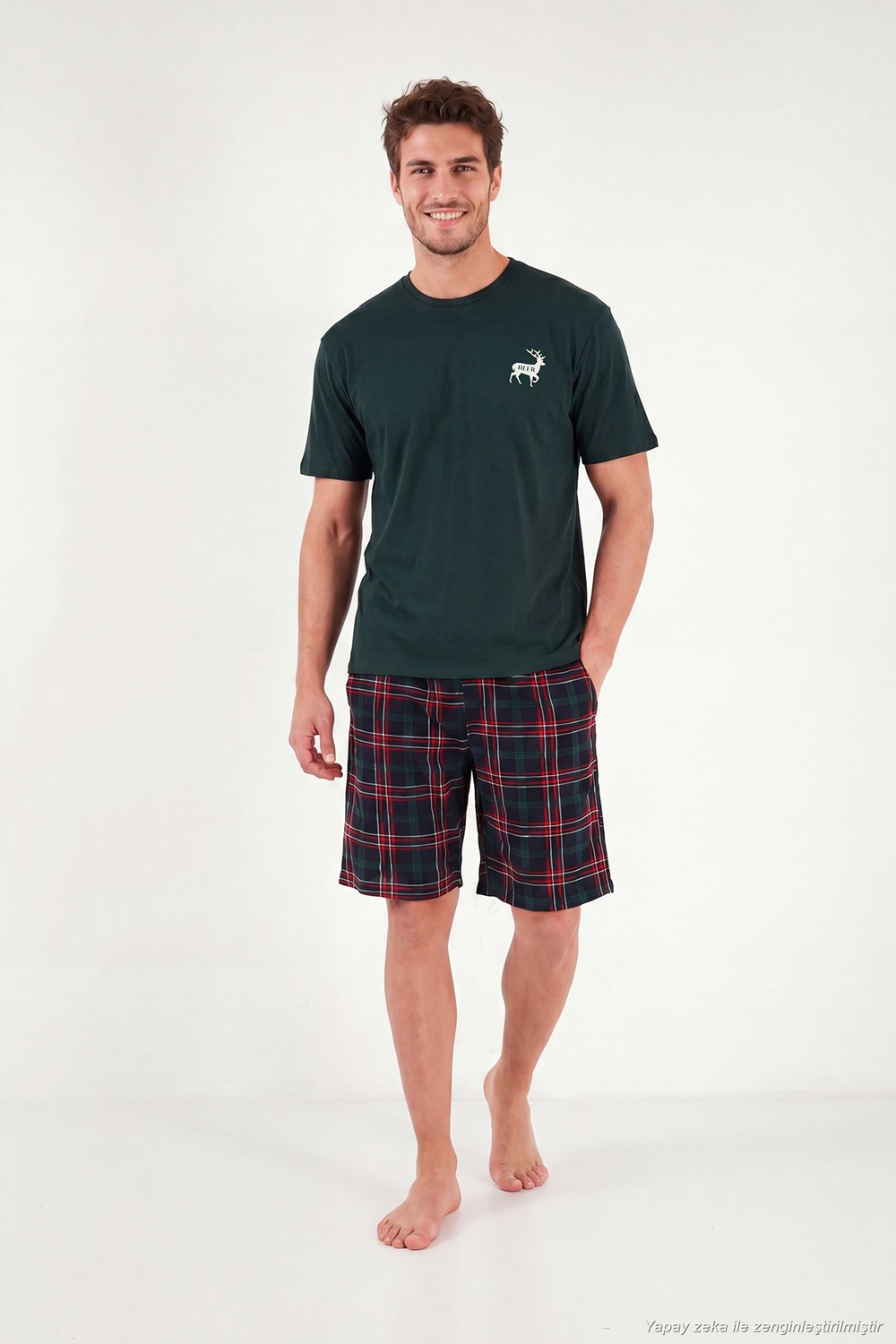 Kareli Pamuklu Regular Fit Şortlu Erkek Pijama Takımı 6572022 YEŞİL