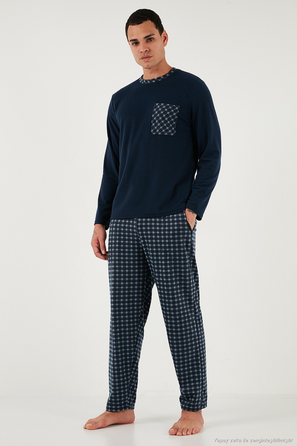 Kareli Yumuşak Dokulu Regular Fit Uzun Kollu Erkek Pijama Takımı 609611060 LACİVERT-GRİ