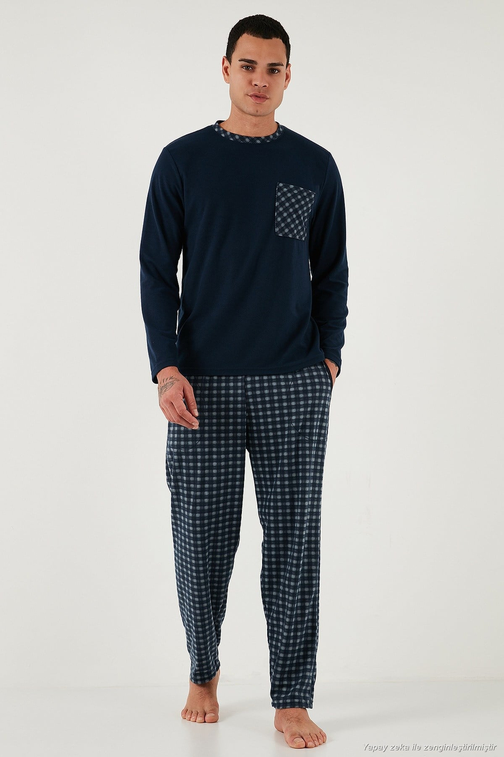 Kareli Yumuşak Dokulu Regular Fit Uzun Kollu Erkek Pijama Takımı 609611060 LACİVERT-GRİ