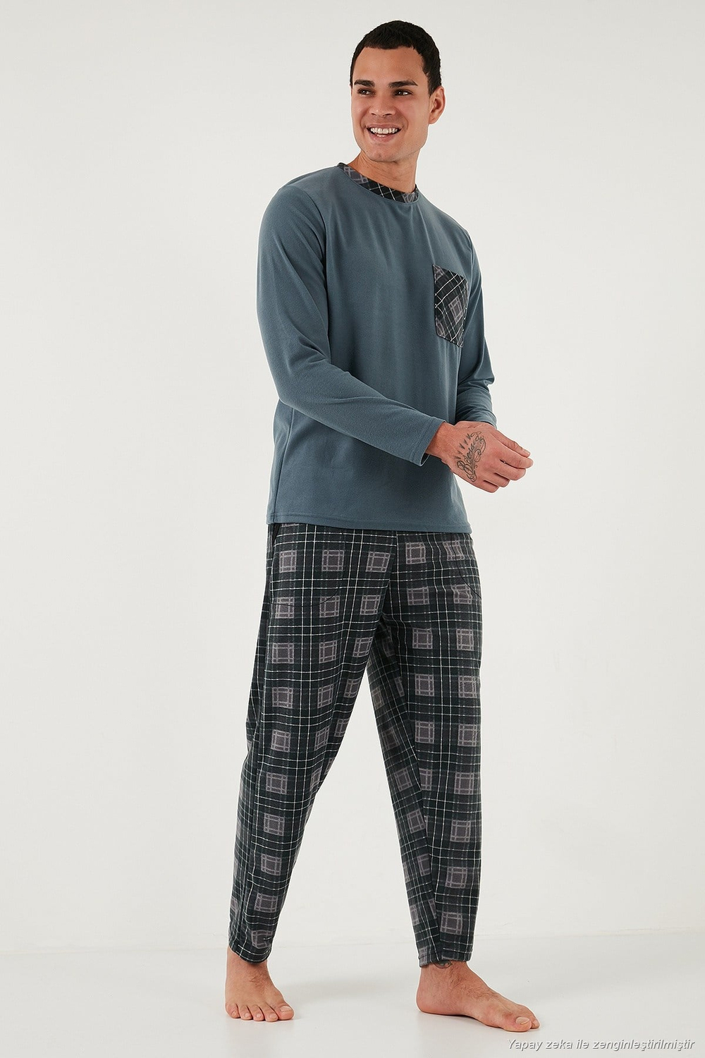Kareli Yumuşak Dokulu Regular Fit Uzun Kollu Erkek Pijama Takımı 609611060 GRİ