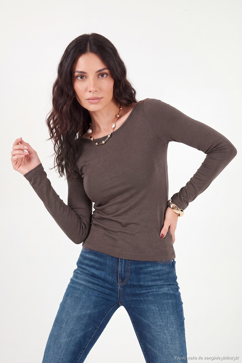 Kayık Yaka Basic Uzun Kollu Kadın Bluz 5867061 KAHVE