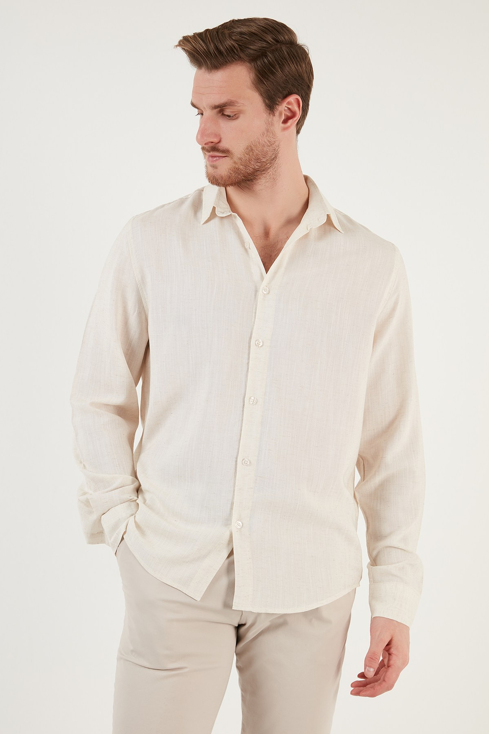 Keten Görünümlü Oversize Fit Erkek Gömlek CF24S198102 TAŞ