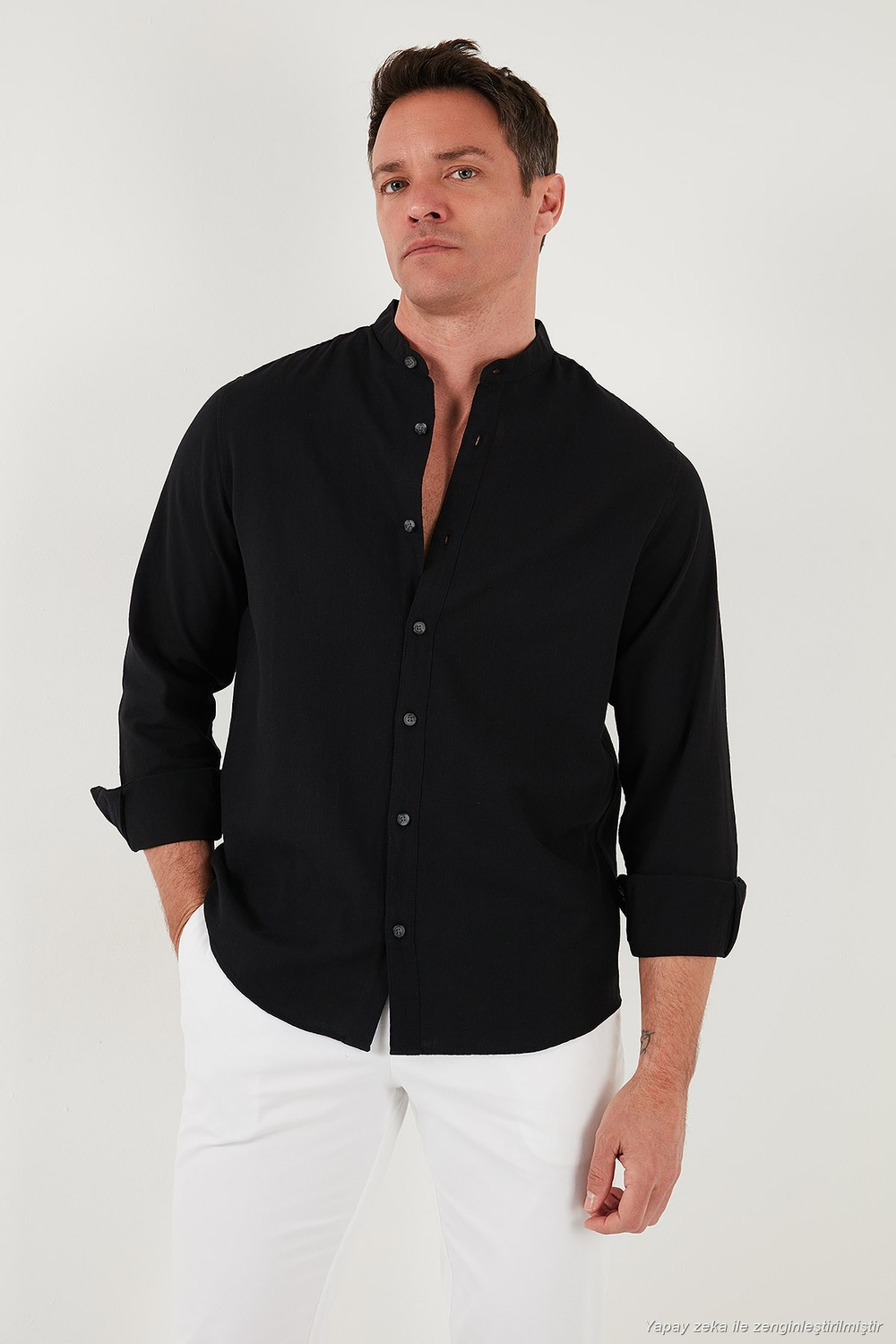 Keten Görünümlü Pamuklu Regular Fit Hakim Yaka Erkek Gömlek CF25S112637 SİYAH