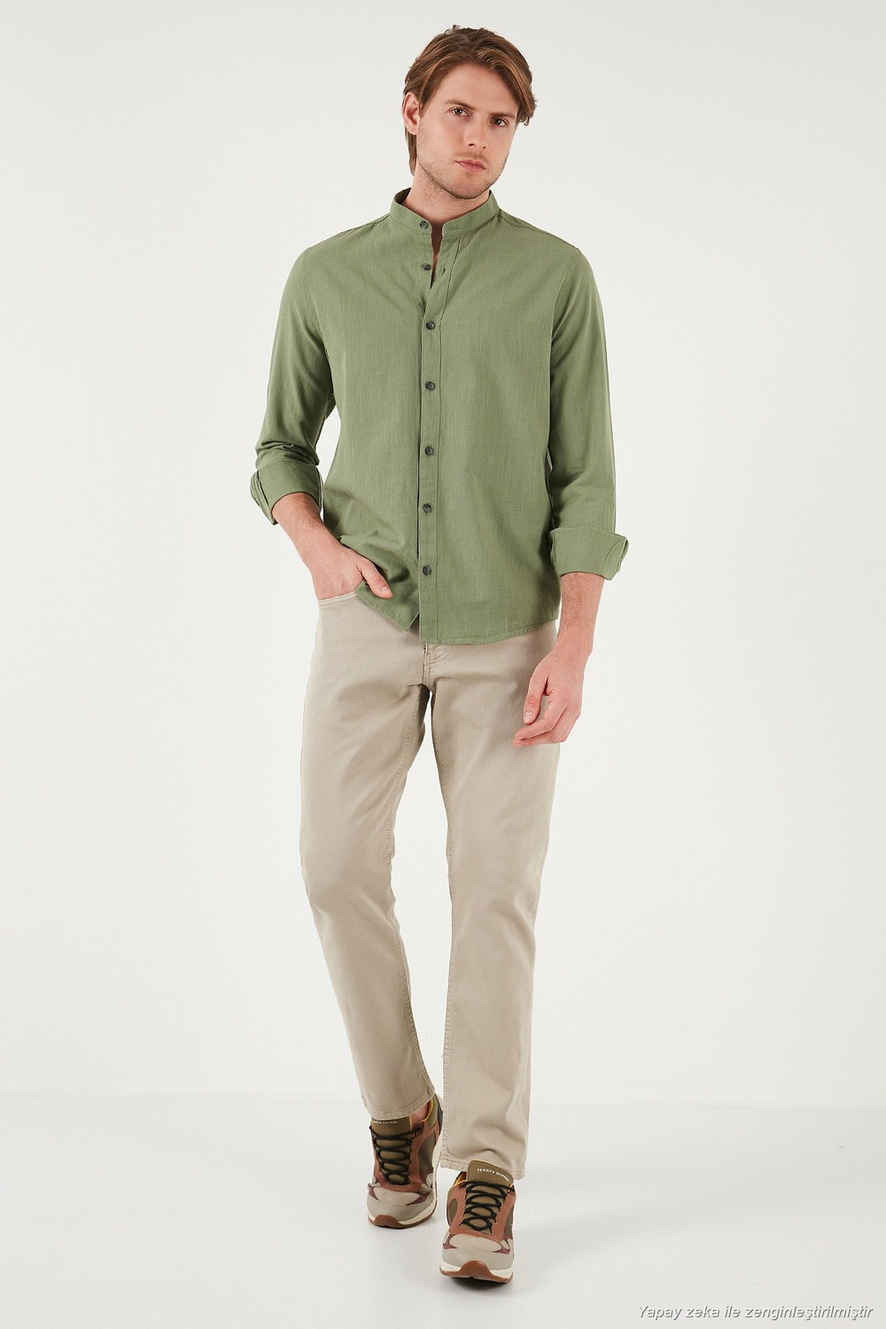 Keten Görünümlü Pamuklu Regular Fit Hakim Yaka Erkek Gömlek CF25S112637 HAKİ