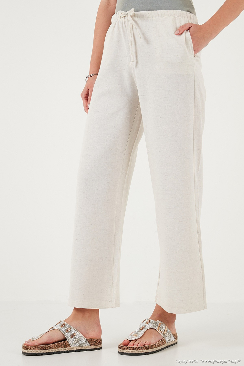 Keten Karışımlı Regular Fit Normal Bel Geniş Paça Kadın Pantolon 5866030 BEJ