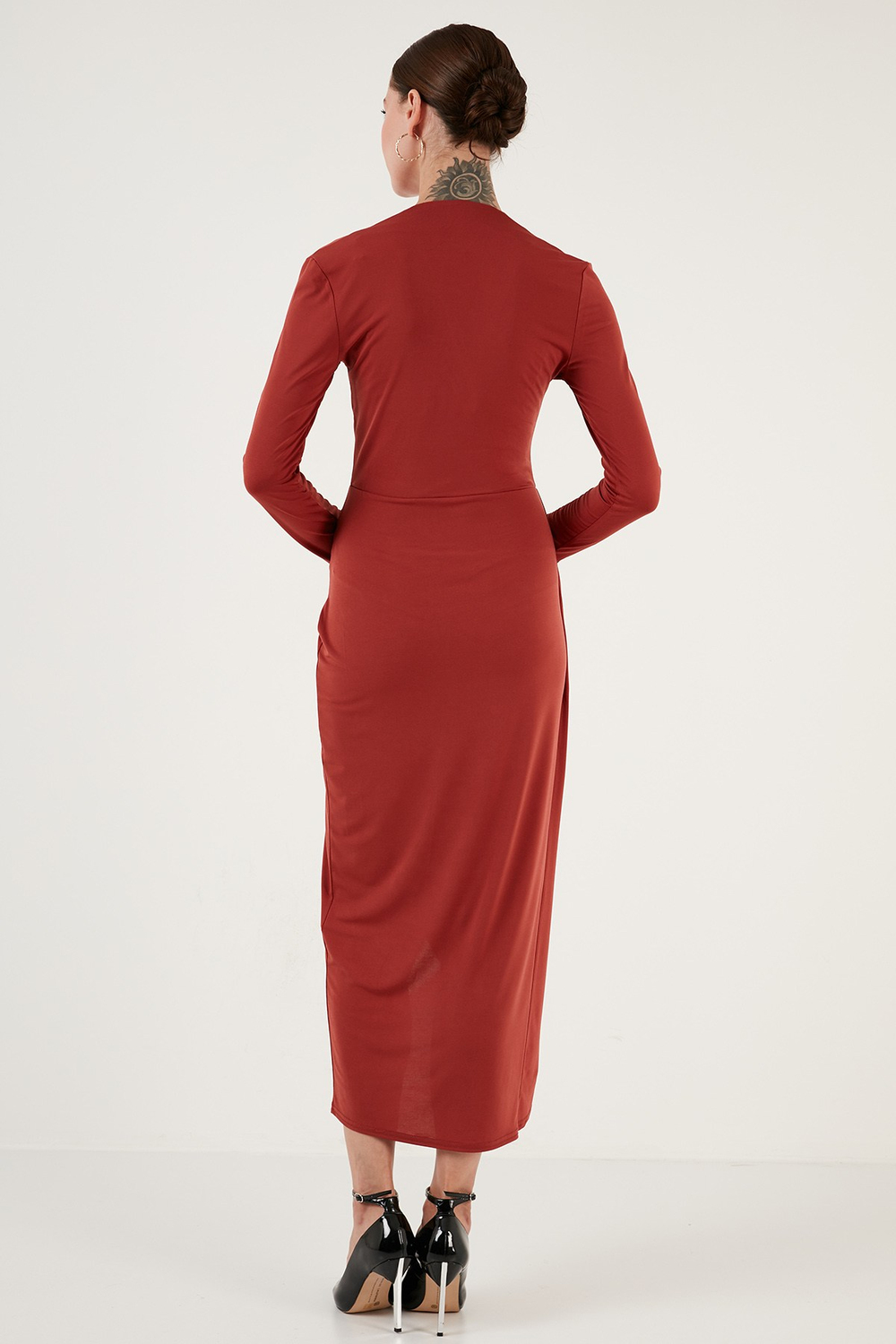 Kruvaze Yaka Yırtmaçlı Drape Detaylı Midi Abiye Kadın Elbise 611EL1769 KİREMİT