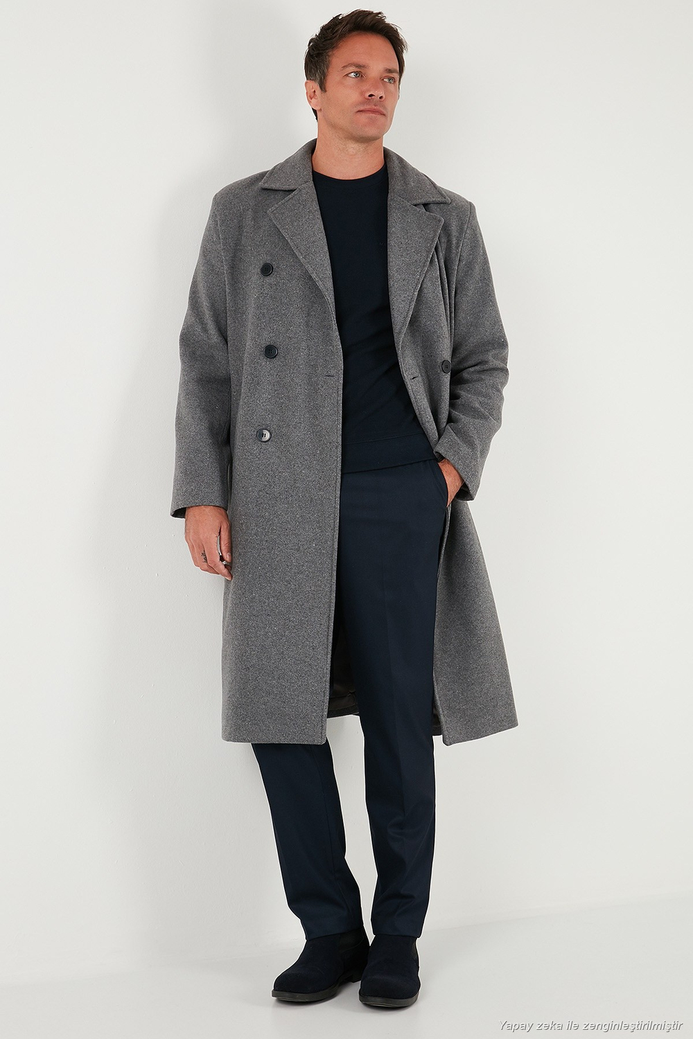 Loose Fit Kruvaze Yaka Uzun Astarlı Kaşe Erkek Kaban 681003 GRİ
