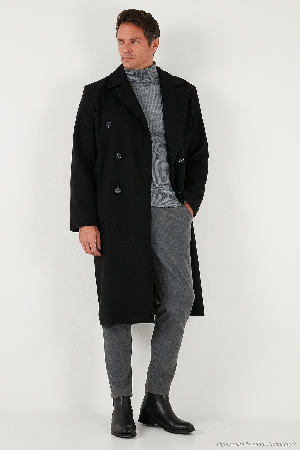 Loose Fit Kruvaze Yaka Uzun Astarlı Kaşe Erkek Kaban 681003 SİYAH