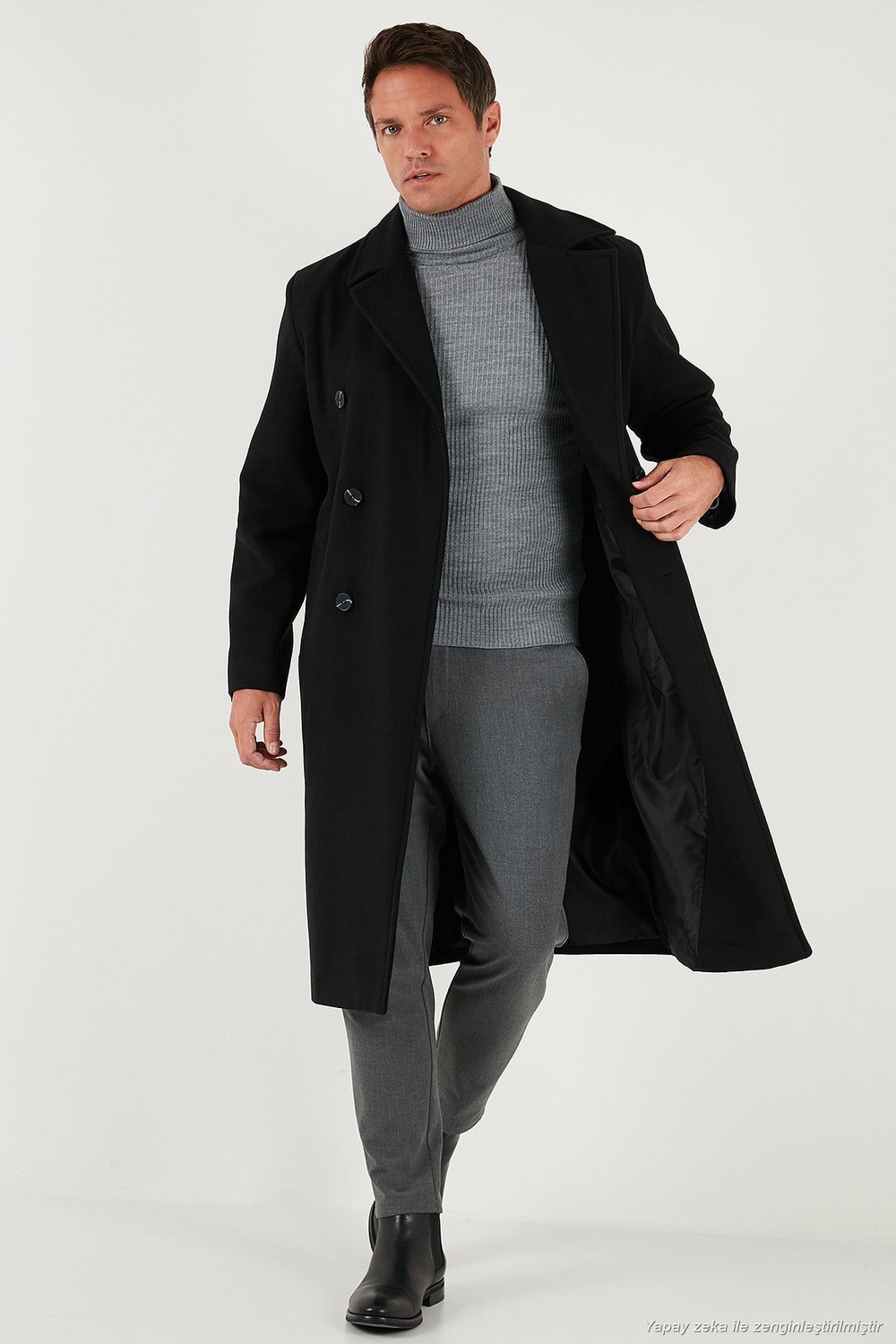 Loose Fit Kruvaze Yaka Uzun Astarlı Kaşe Erkek Kaban 681003 SİYAH