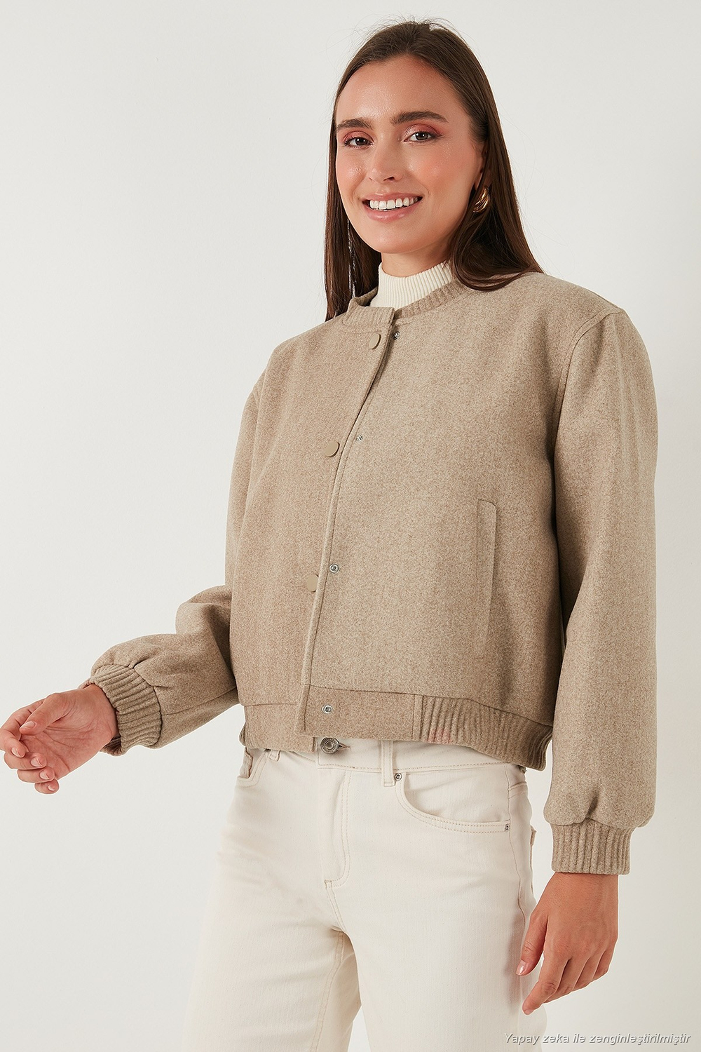 Loose Fit Sıfır Yaka Çıtçıtlı Kaşe Kısa Kadın Mont 6810178 BEJ