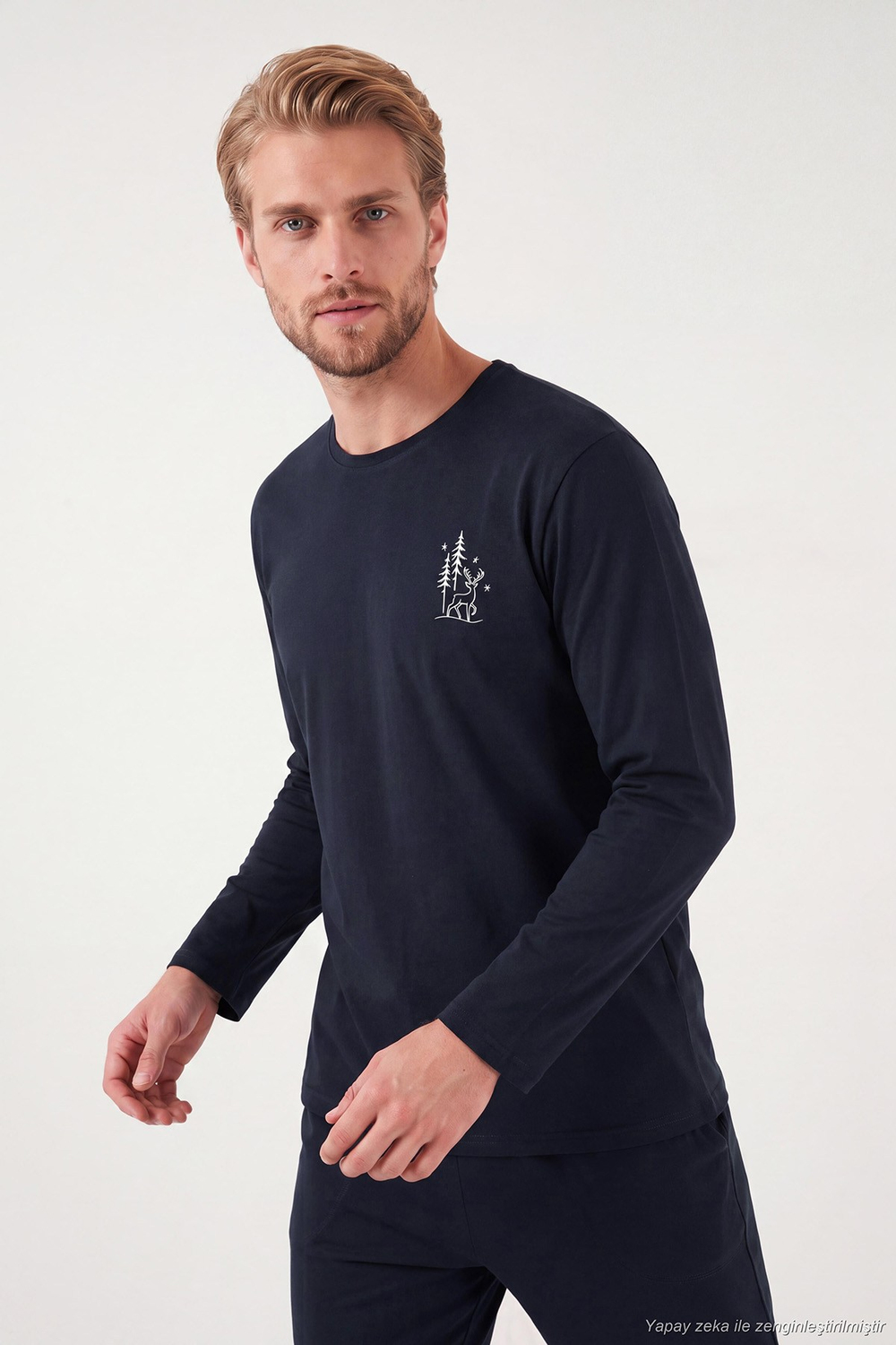 Minimal Baskılı Pamuklu Uzun Kollu Erkek Pijama Takımı 6575005 LACİVERT