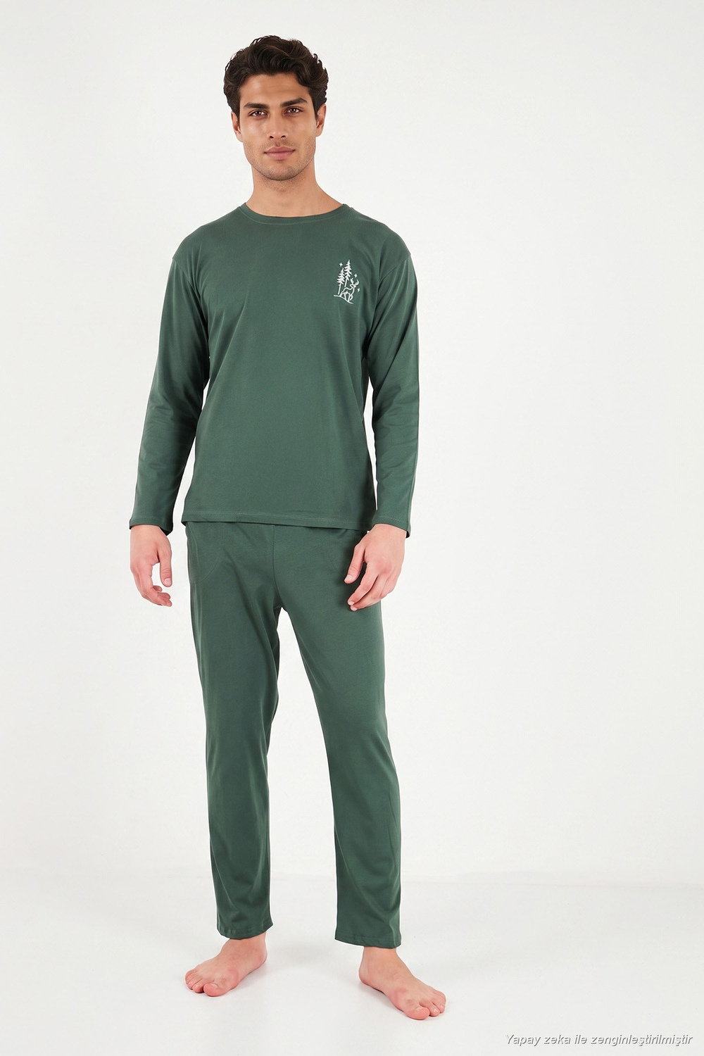 Minimal Baskılı Pamuklu Uzun Kollu Erkek Pijama Takımı 6575005 YEŞİL