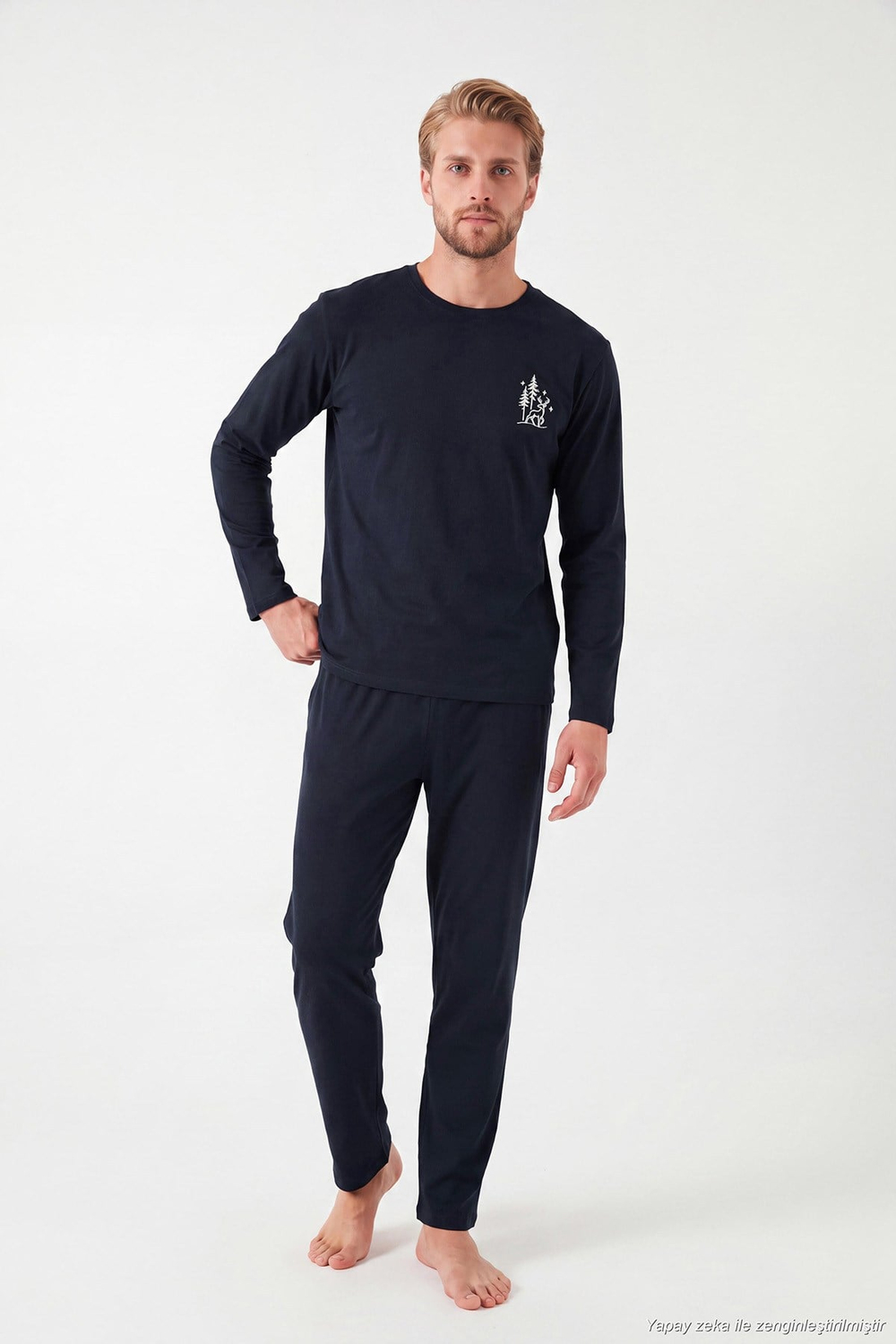 Minimal Baskılı Pamuklu Uzun Kollu Erkek Pijama Takımı 6575005 LACİVERT