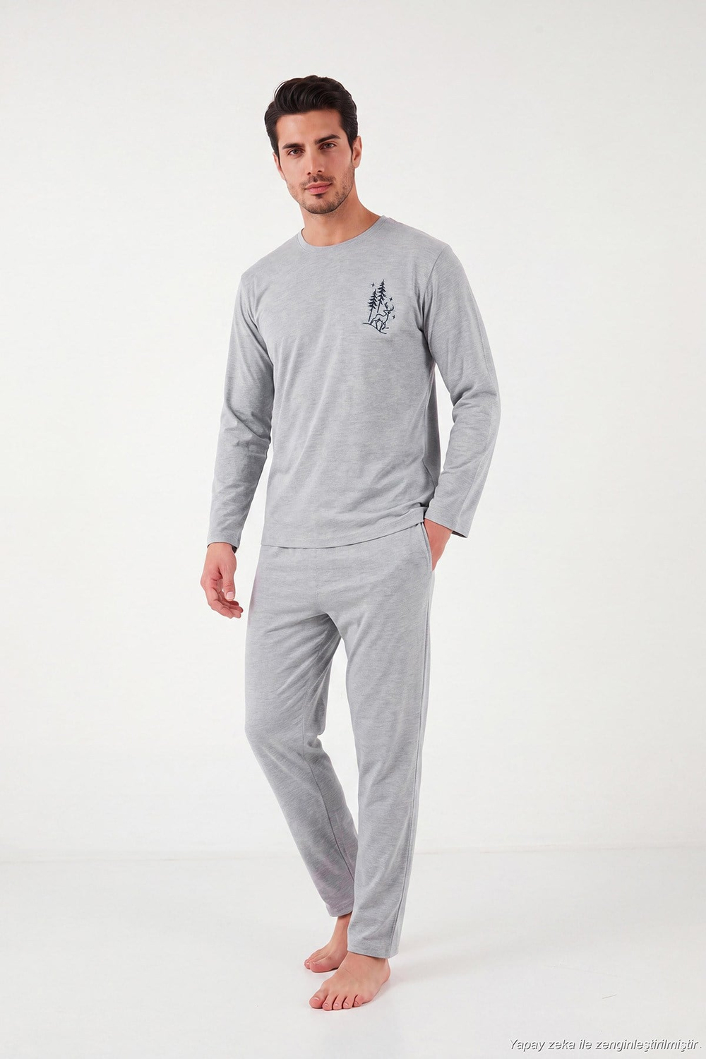 Minimal Baskılı Pamuklu Uzun Kollu Erkek Pijama Takımı 6575005 GRİ MELANJ