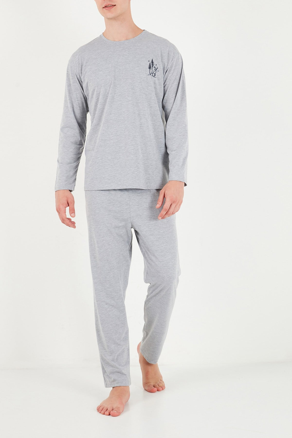 Minimal Baskılı Pamuklu Uzun Kollu Erkek Pijama Takımı 6575005 GRİ MELANJ