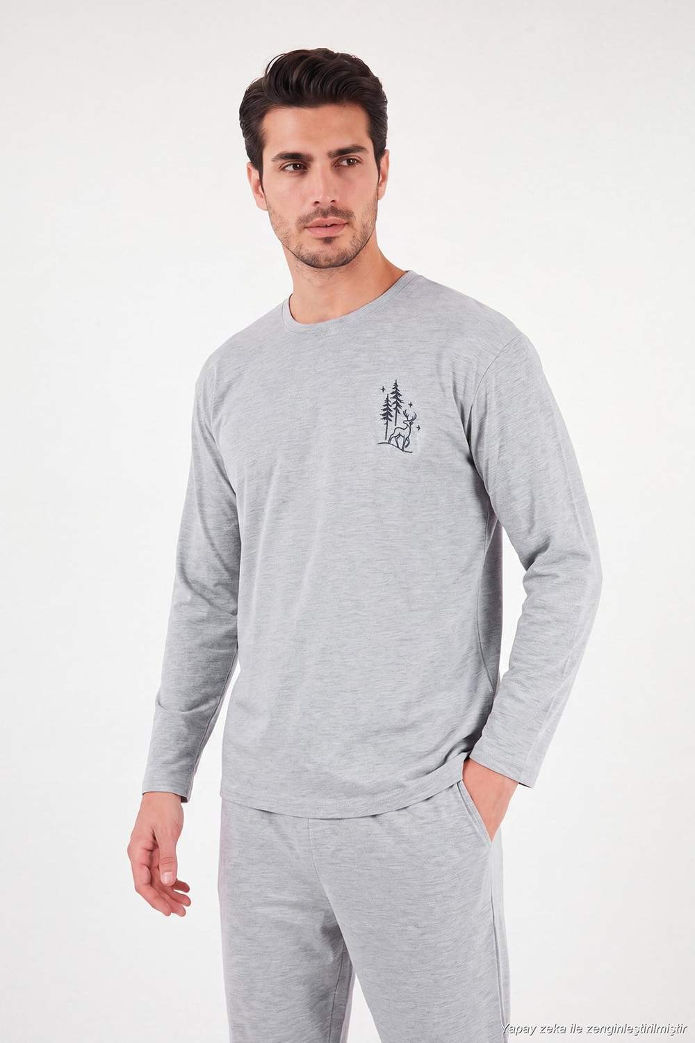 Minimal Baskılı Pamuklu Uzun Kollu Erkek Pijama Takımı 6575005 GRİ MELANJ