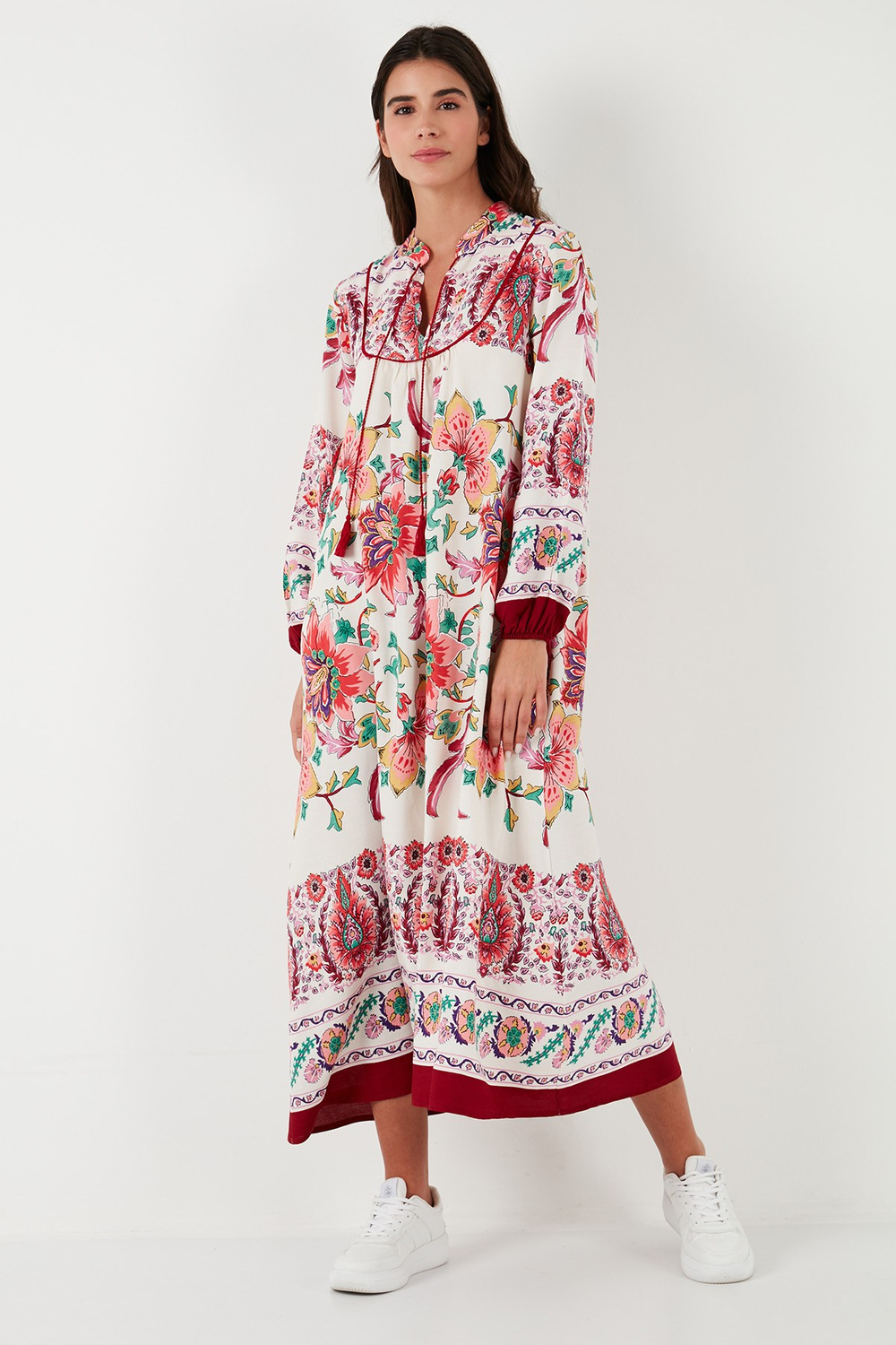 Modest Desenli Regular Fit Bağlamalı V Yaka Maxi Kadın Elbise 611EL510 BORDO