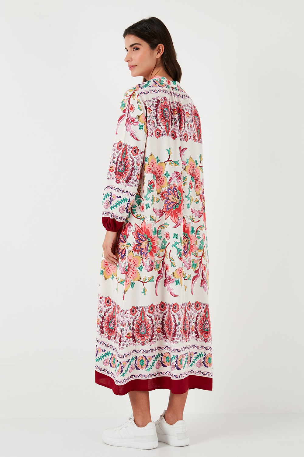 Modest Desenli Regular Fit Bağlamalı V Yaka Maxi Kadın Elbise 611EL510 BORDO