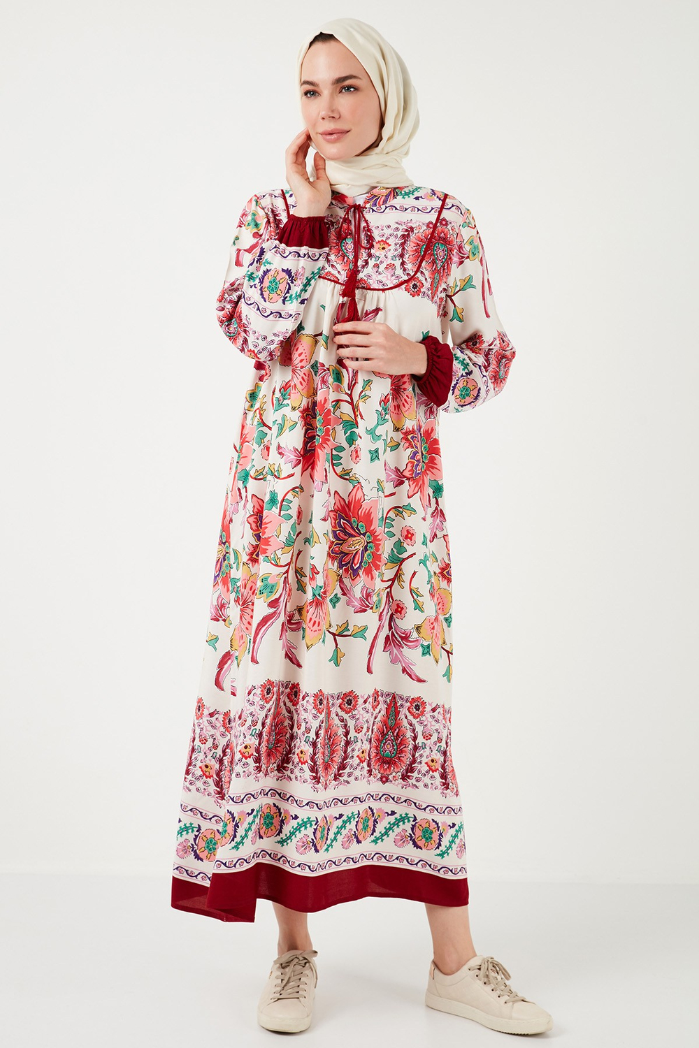 Modest Desenli Regular Fit Bağlamalı V Yaka Maxi Kadın Elbise 611EL510 BORDO