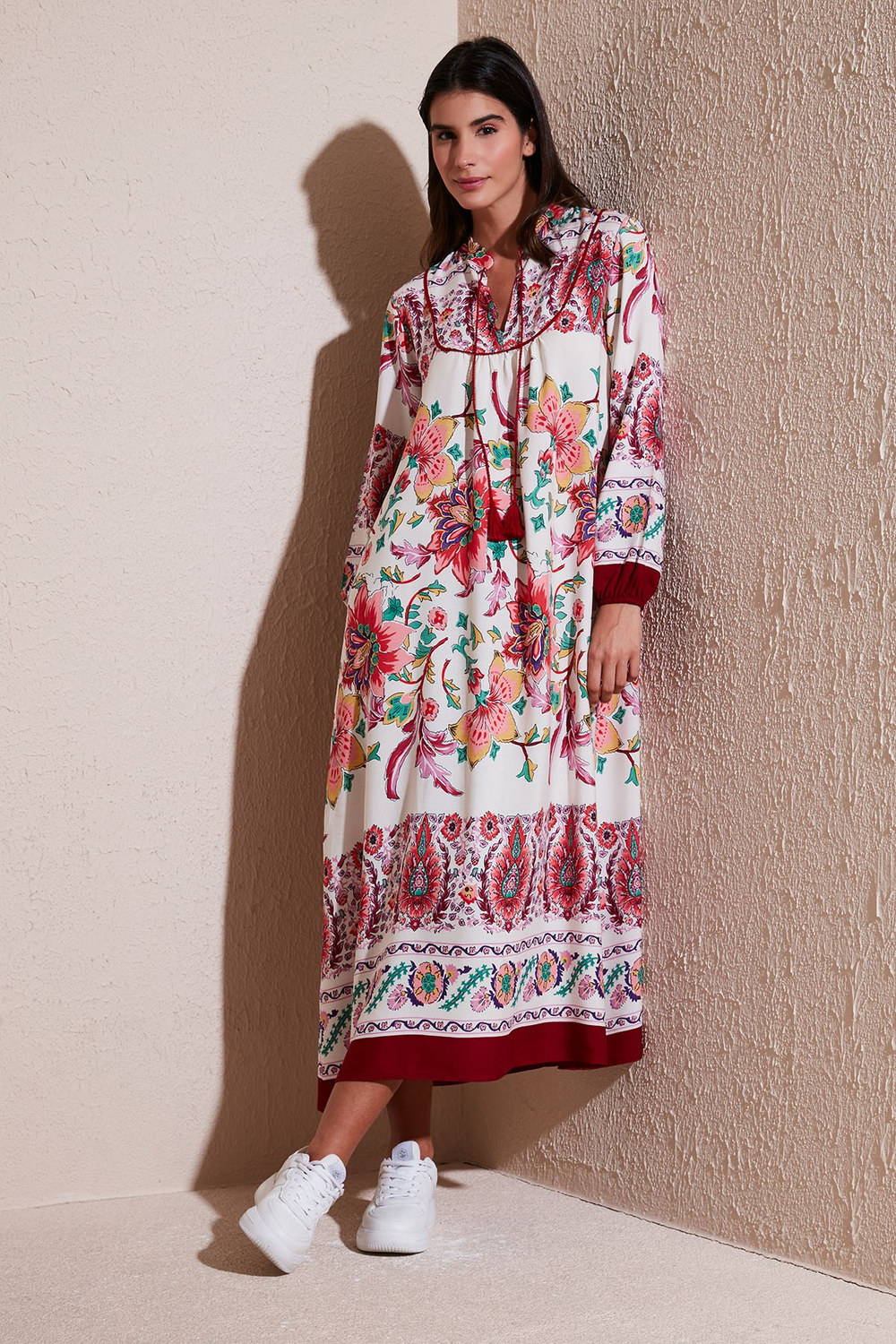 Modest Desenli Regular Fit Bağlamalı V Yaka Maxi Kadın Elbise 611EL510 BORDO