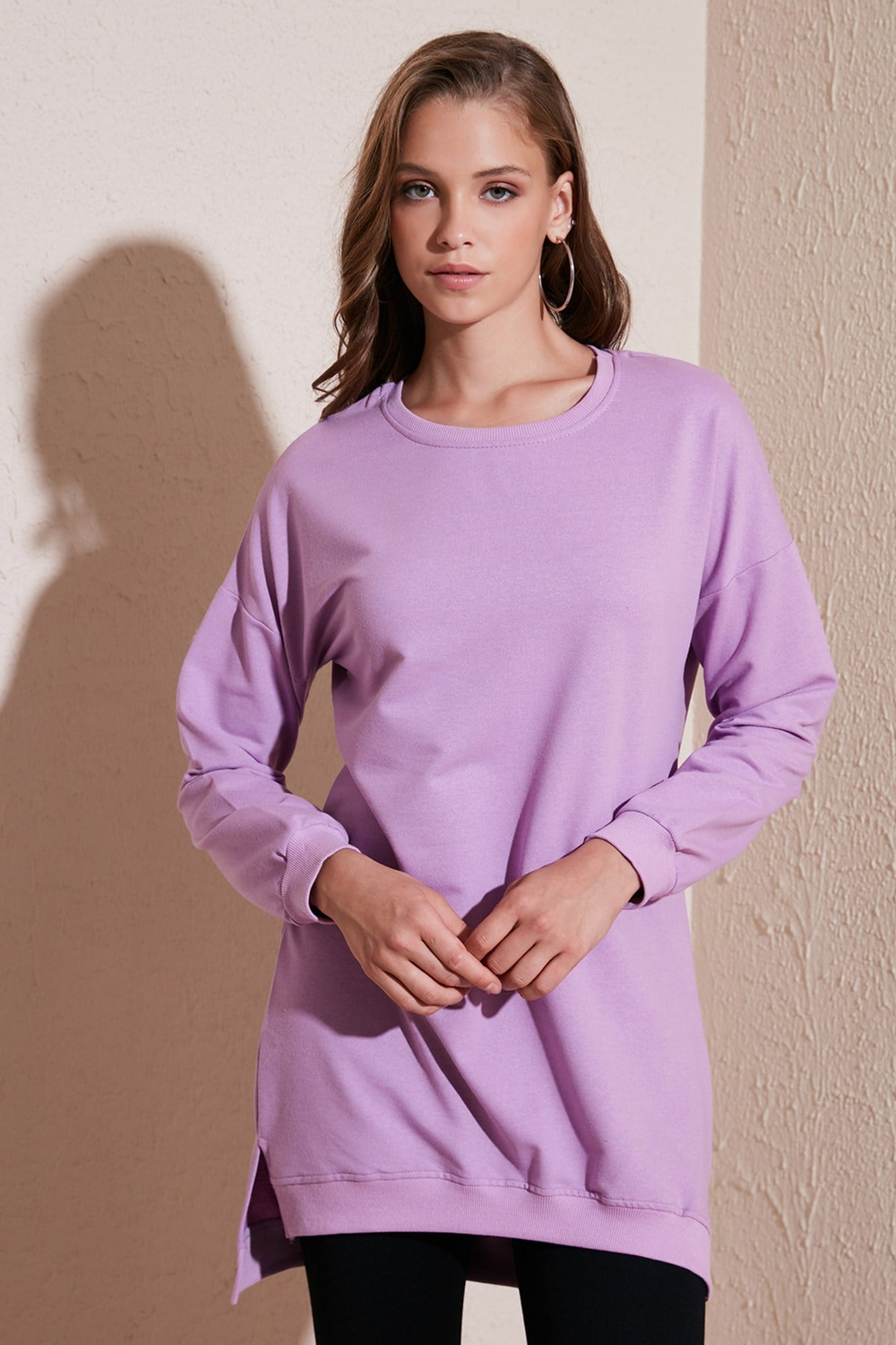 Modest Pamuklu Bisiklet Yaka Oversize Fit Kadın Tunik 5864896 LİLA