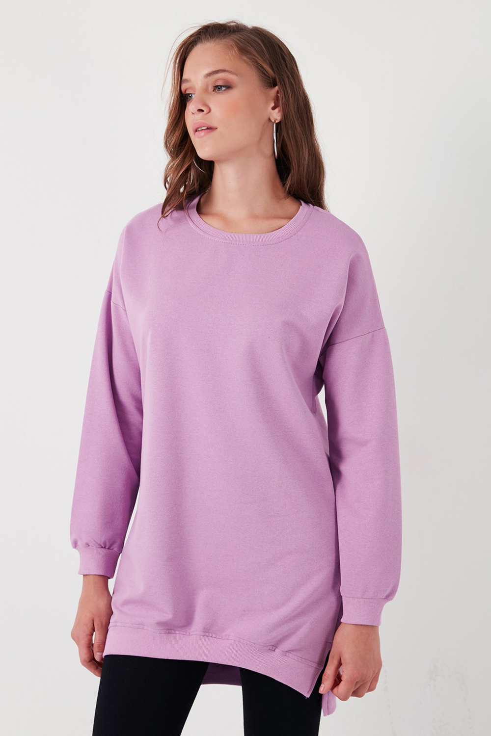 Modest Pamuklu Bisiklet Yaka Oversize Fit Kadın Tunik 5864896 LİLA