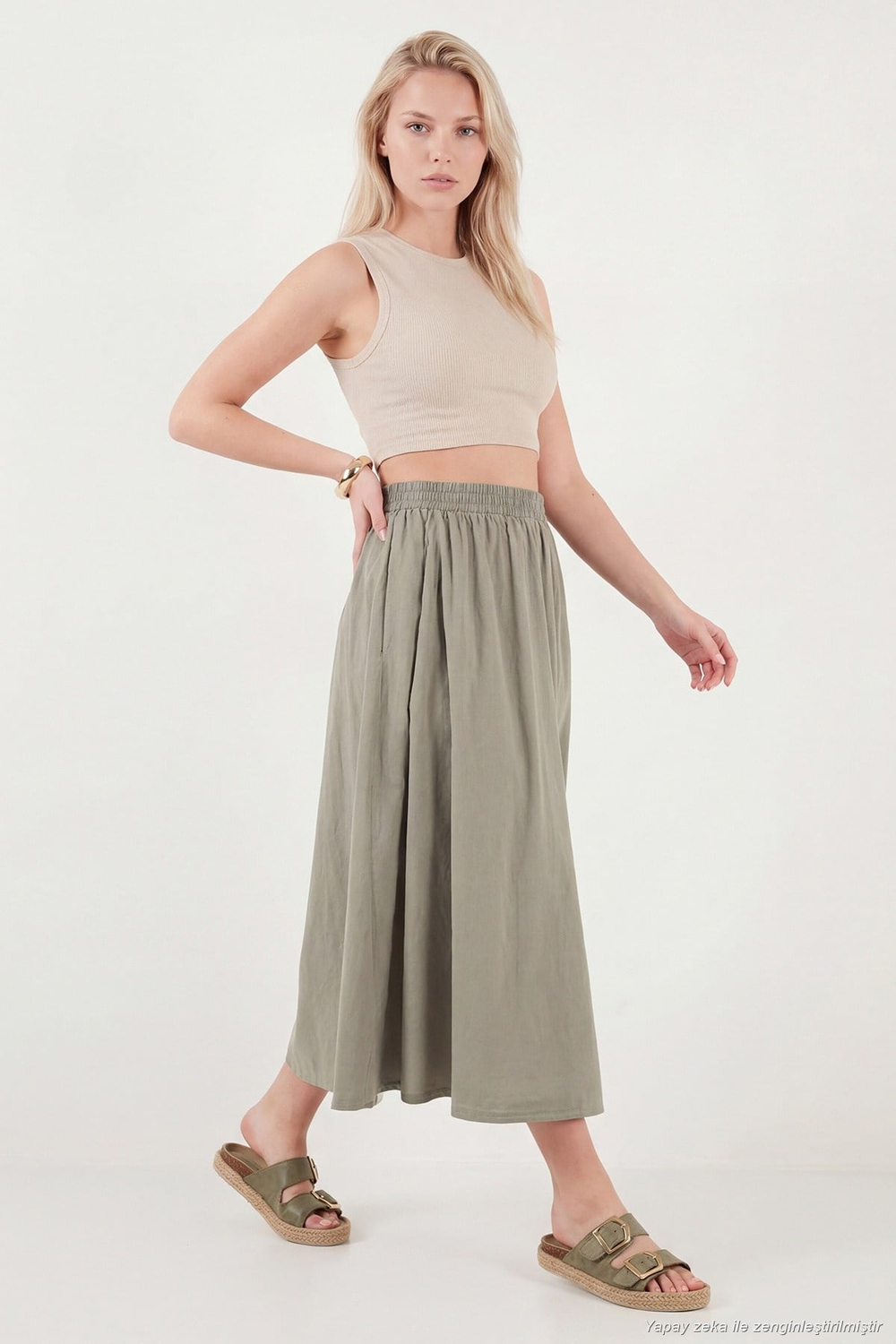 Modest Pamuklu Relaxed Fit Lastikli Bel Tesettür Midi Kadın Etek 668YE4449 AÇIK HAKİ