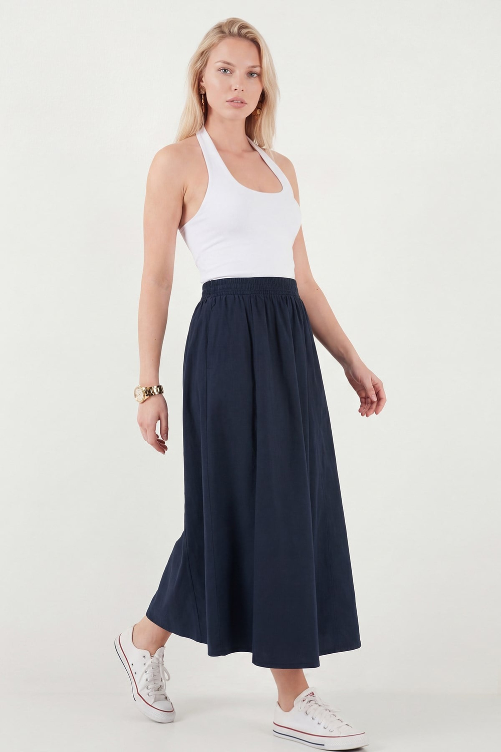 Modest Pamuklu Relaxed Fit Lastikli Bel Tesettür Midi Kadın Etek 668YE4449 LACİVERT