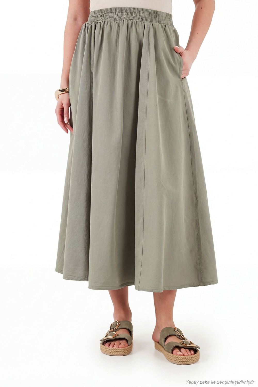 Modest Pamuklu Relaxed Fit Lastikli Bel Tesettür Midi Kadın Etek 668YE4449 AÇIK HAKİ