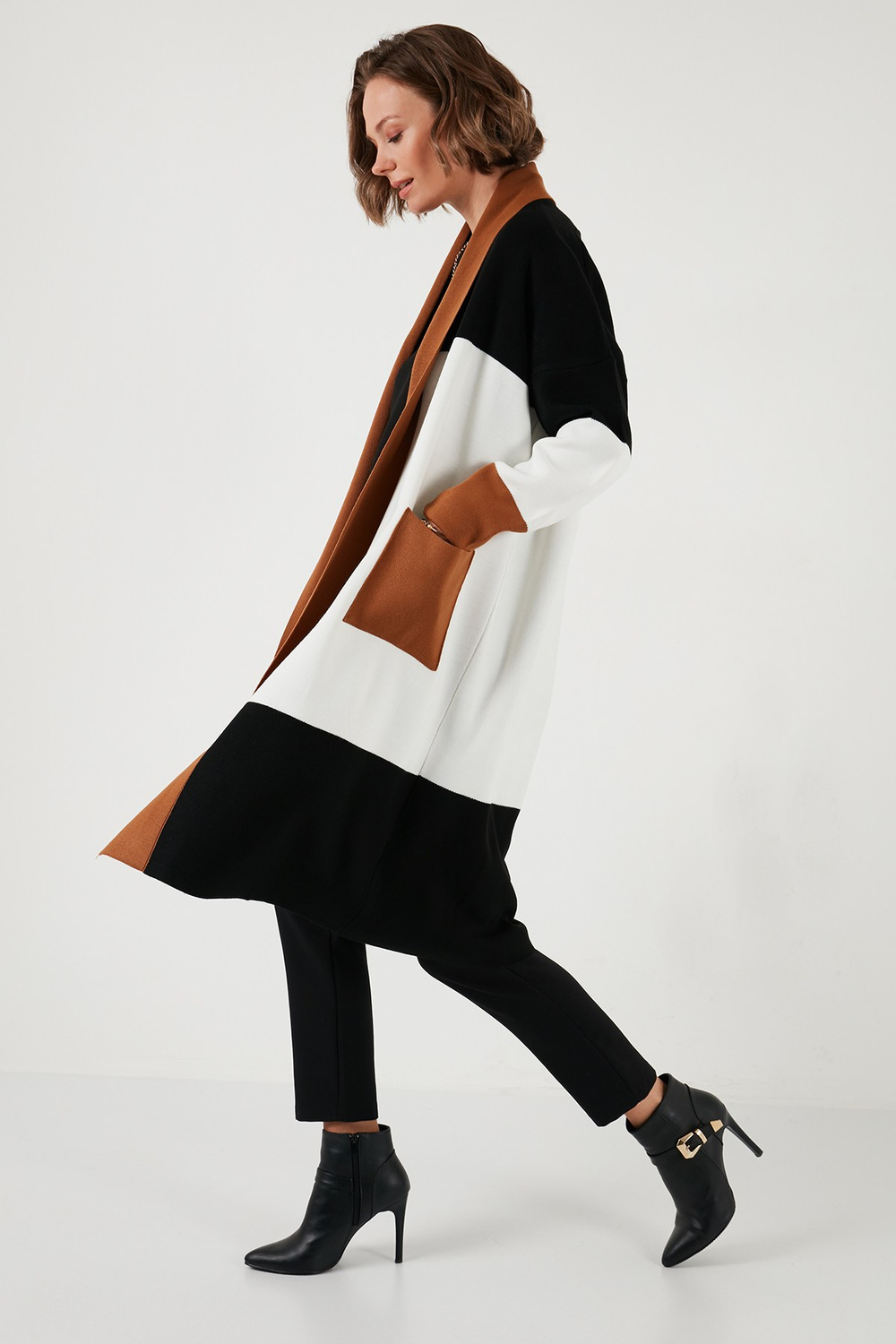 Modest Regular Fit Renk Bloklu Uzun Tesettür Triko Kadın Hırka 4616172 TOPRAK