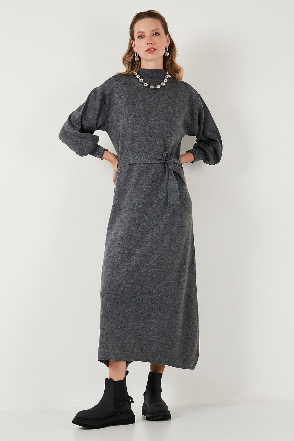 Modest Relaxed Fit Bisiklet Yaka Triko Kadın Elbise 4616198 KOYU GRİ