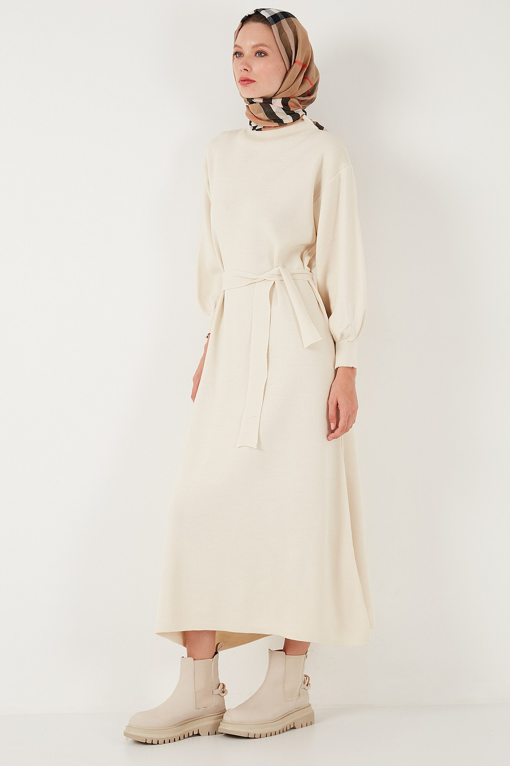 Modest Relaxed Fit Bisiklet Yaka Triko Kadın Elbise 4616198 KREM
