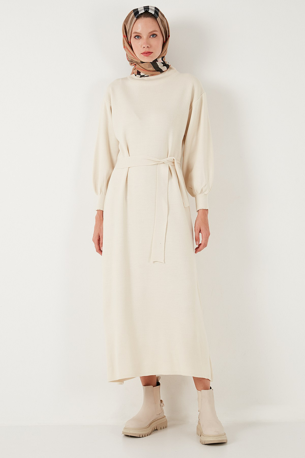 Modest Relaxed Fit Bisiklet Yaka Triko Kadın Elbise 4616198 KREM