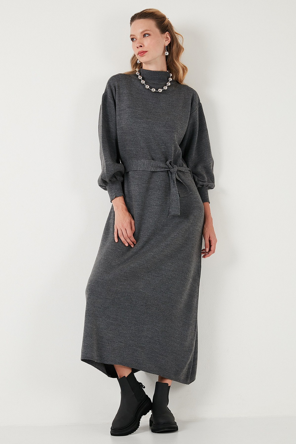 Modest Relaxed Fit Bisiklet Yaka Triko Kadın Elbise 4616198 KOYU GRİ