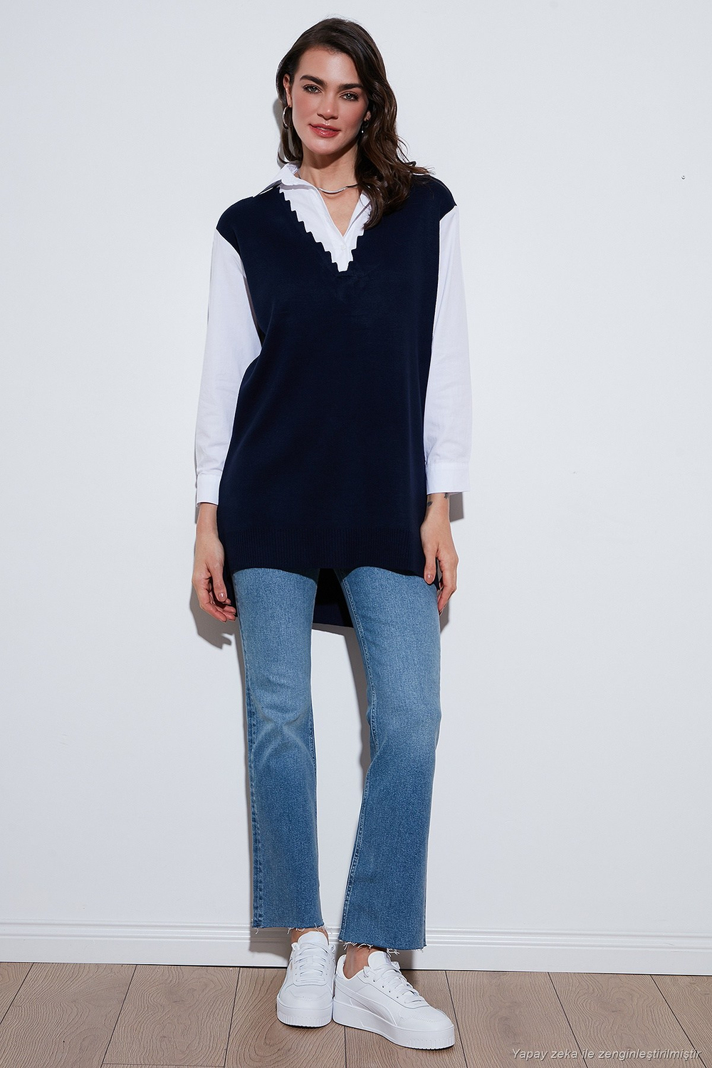 Modest Standart Fit Gömlek Yaka Tesettür Triko Kadın Tunik 4612148 LACİVERT
