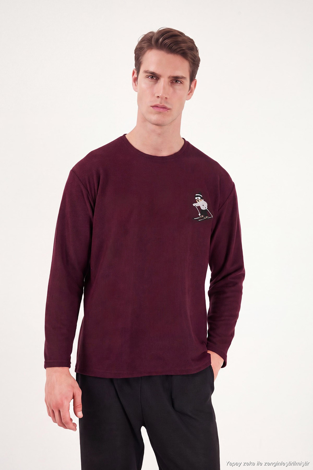 Nakışıklı Yumuşak Dokulu Bisiklet Yaka Erkek Pijama Takımı 6575010 BORDO
