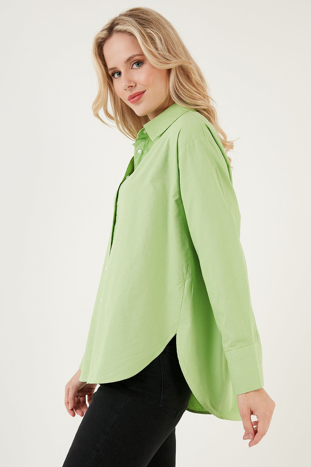 Oversize % 100 Pamuk Poplin Kadın Gömlek CF21S163867 FISTIK YEŞİL