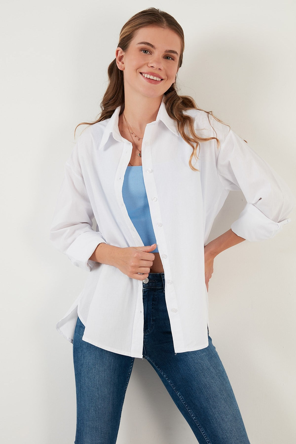 Oversize % 100 Pamuk Poplin Kadın Gömlek CF21S163867 BEYAZ