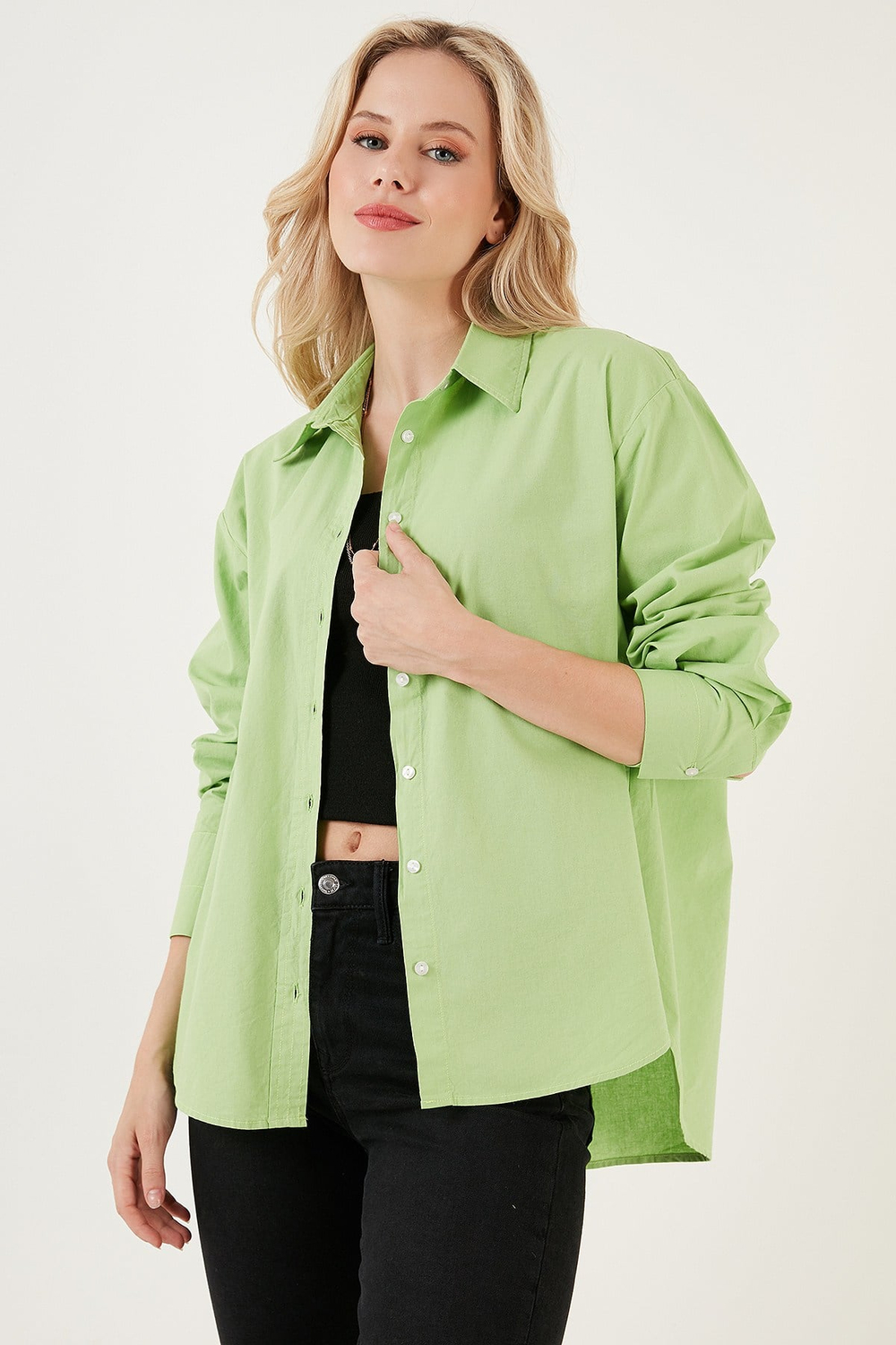 Oversize % 100 Pamuk Poplin Kadın Gömlek CF21S163867 FISTIK YEŞİL