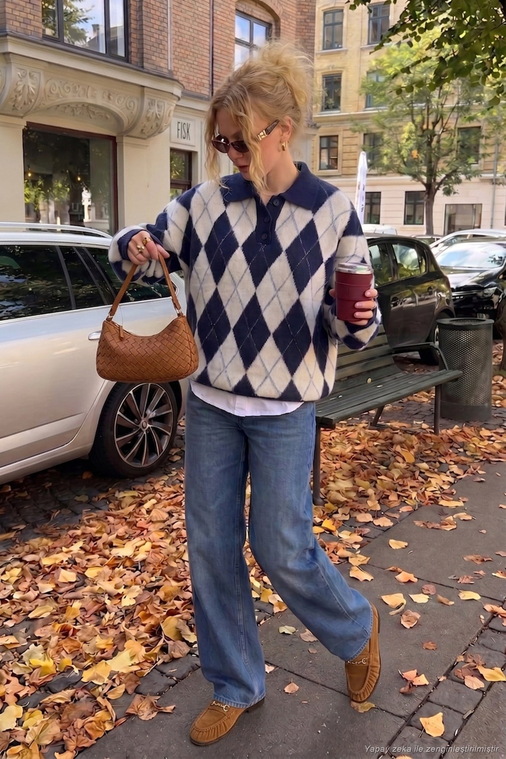 Oversize Baklava Desenli Düğmeli Kadın Polo Yaka Kazak 4615593 LACİVERT-TAŞ