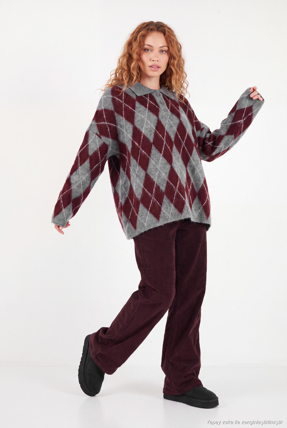 Oversize Baklava Desenli Düğmeli Kadın Polo Yaka Kazak 4615593 ANTRASİT-BORDO