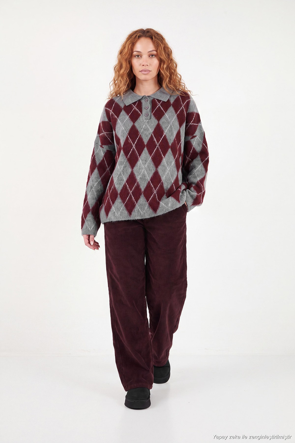 Oversize Baklava Desenli Düğmeli Kadın Polo Yaka Kazak 4615593 ANTRASİT-BORDO