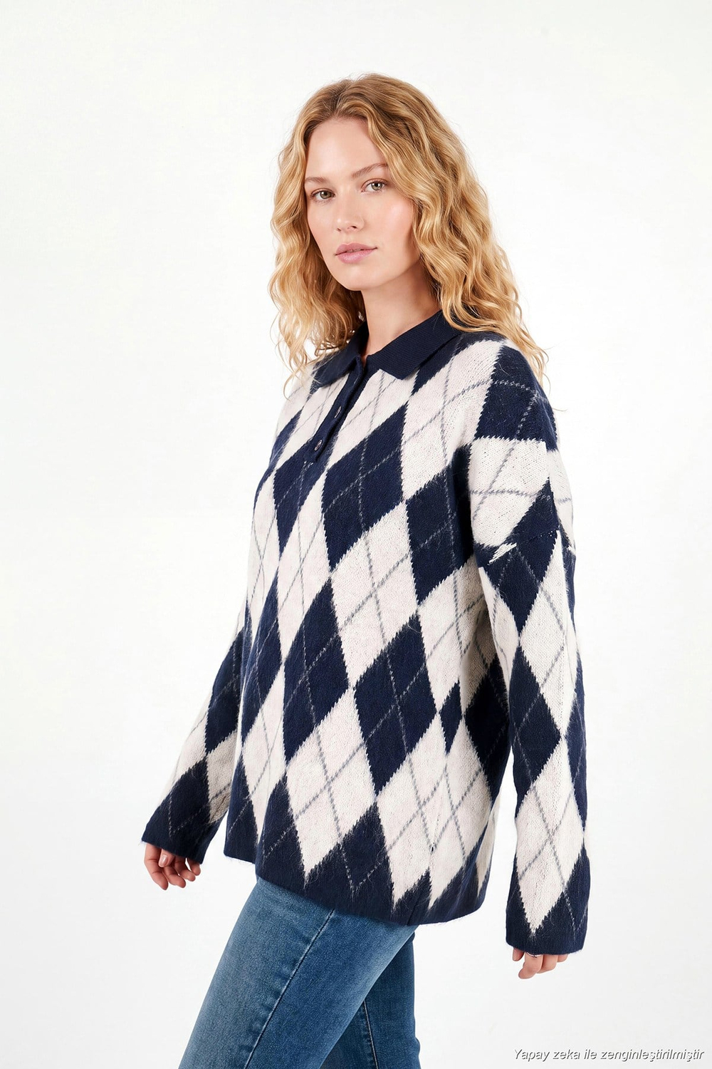 Oversize Baklava Desenli Düğmeli Kadın Polo Yaka Kazak 4615593 LACİVERT-TAŞ